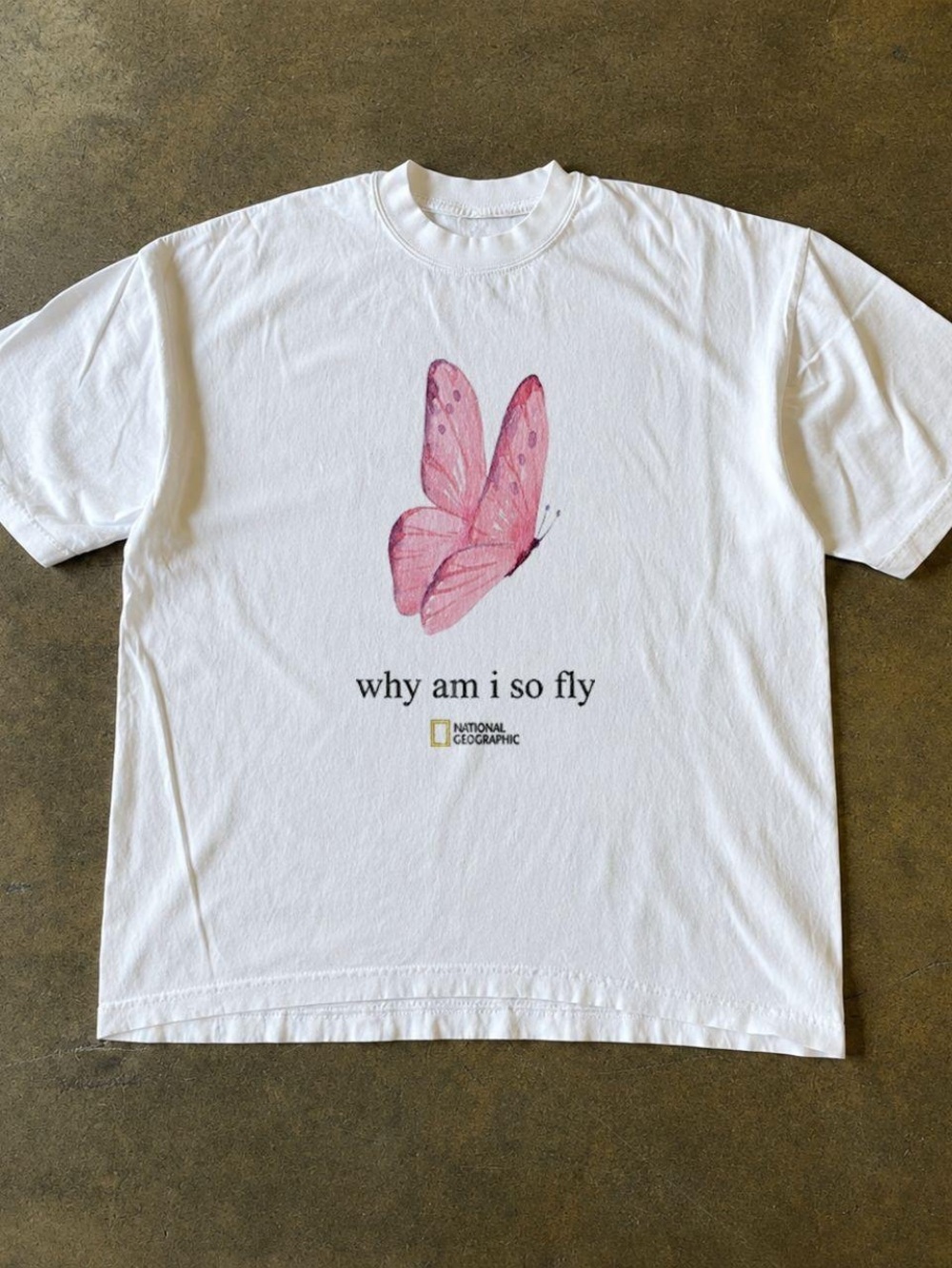 White National Geographic why am i so fly T shirt